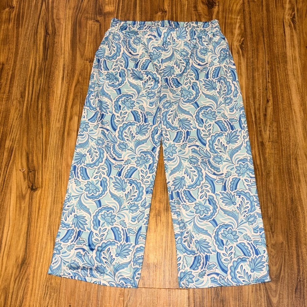 Stella Parker women pants cropped ankle Blue White Floral pull on wide leg